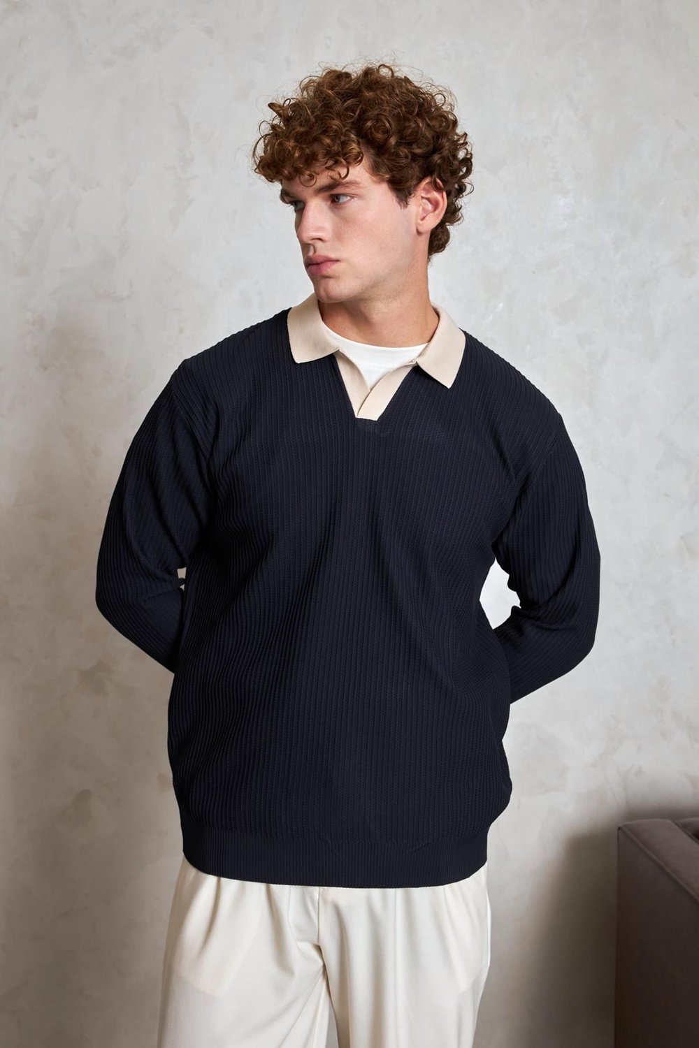 Erkek Polo Yaka Nopeli Oversize Triko Kazak Lacivert