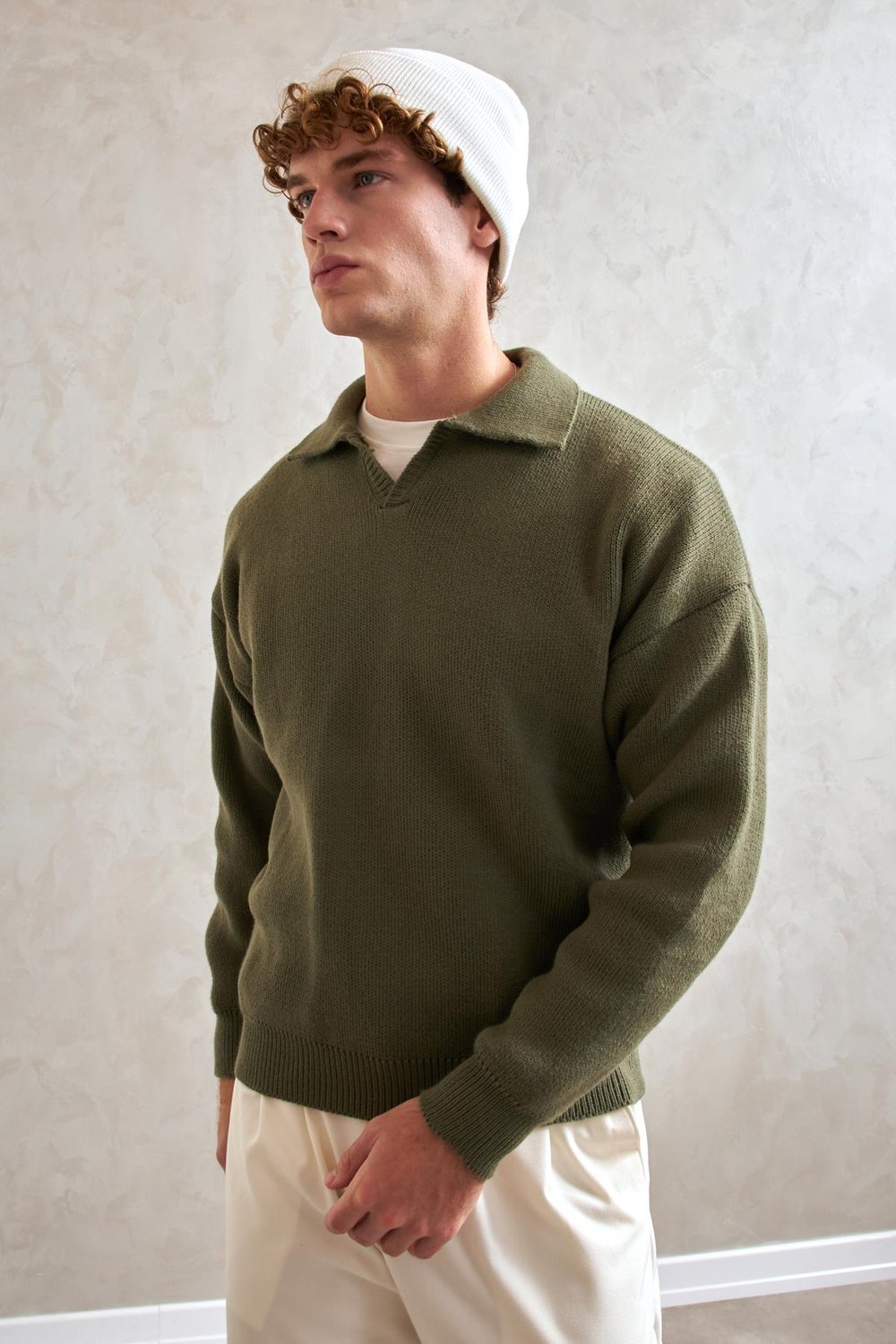 Erkek Polo Yaka Örme Oversize Kazak Yeşil