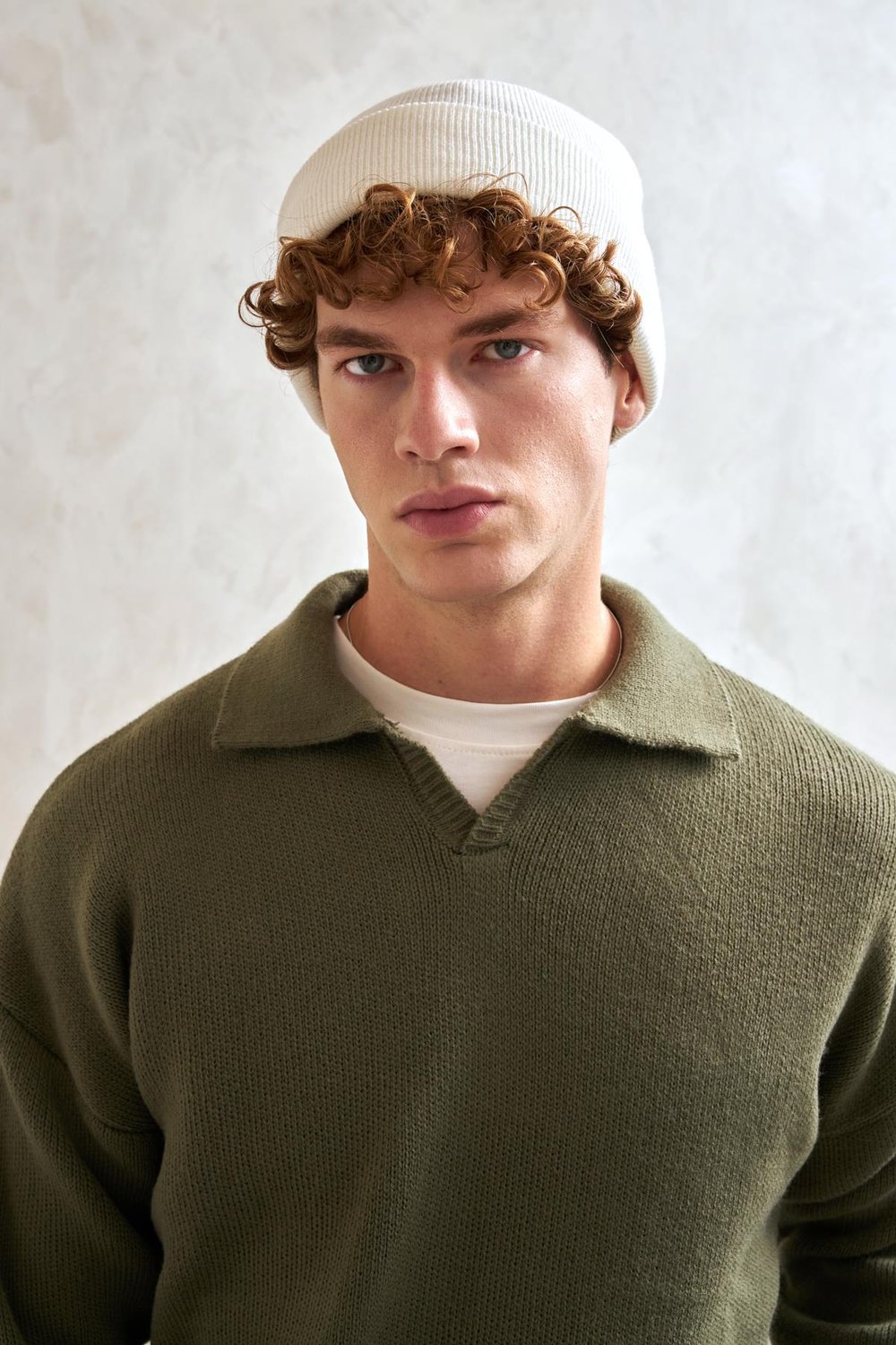Erkek Polo Yaka Örme Oversize Kazak Yeşil