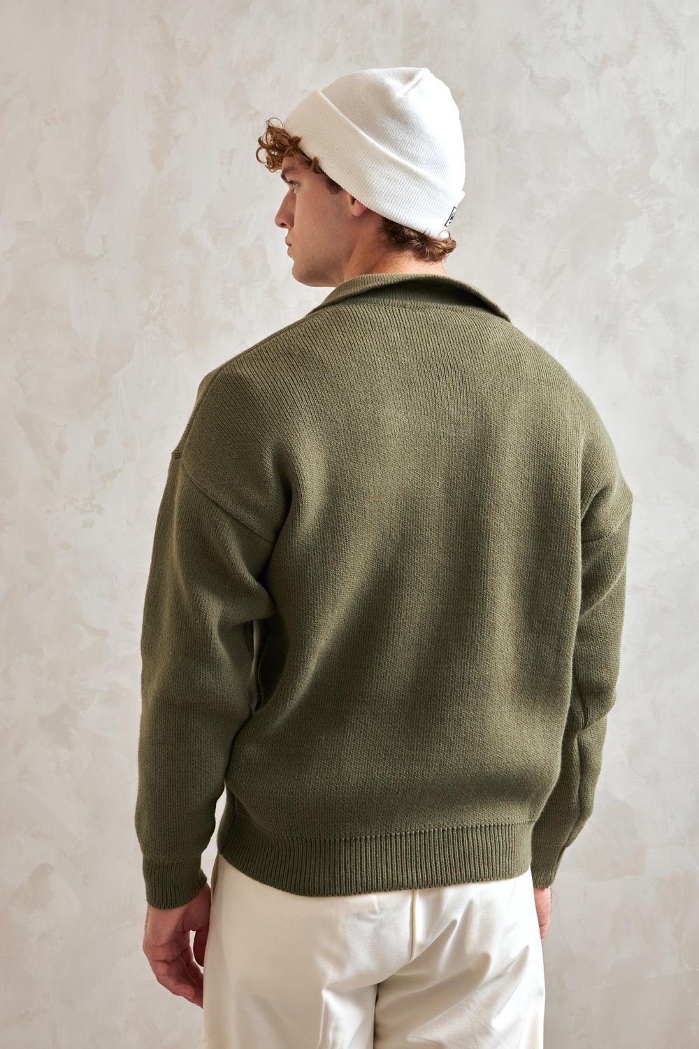 Erkek Polo Yaka Örme Oversize Kazak Yeşil