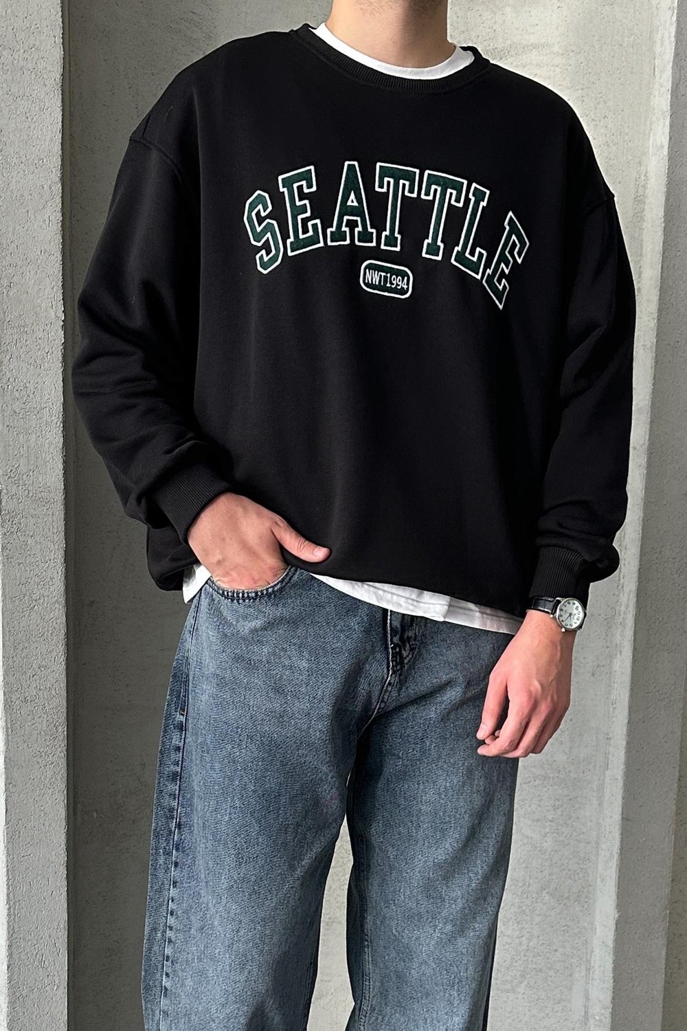 Erkek Seattle Baskılı Oversize Sweatshirt COKRENKLI