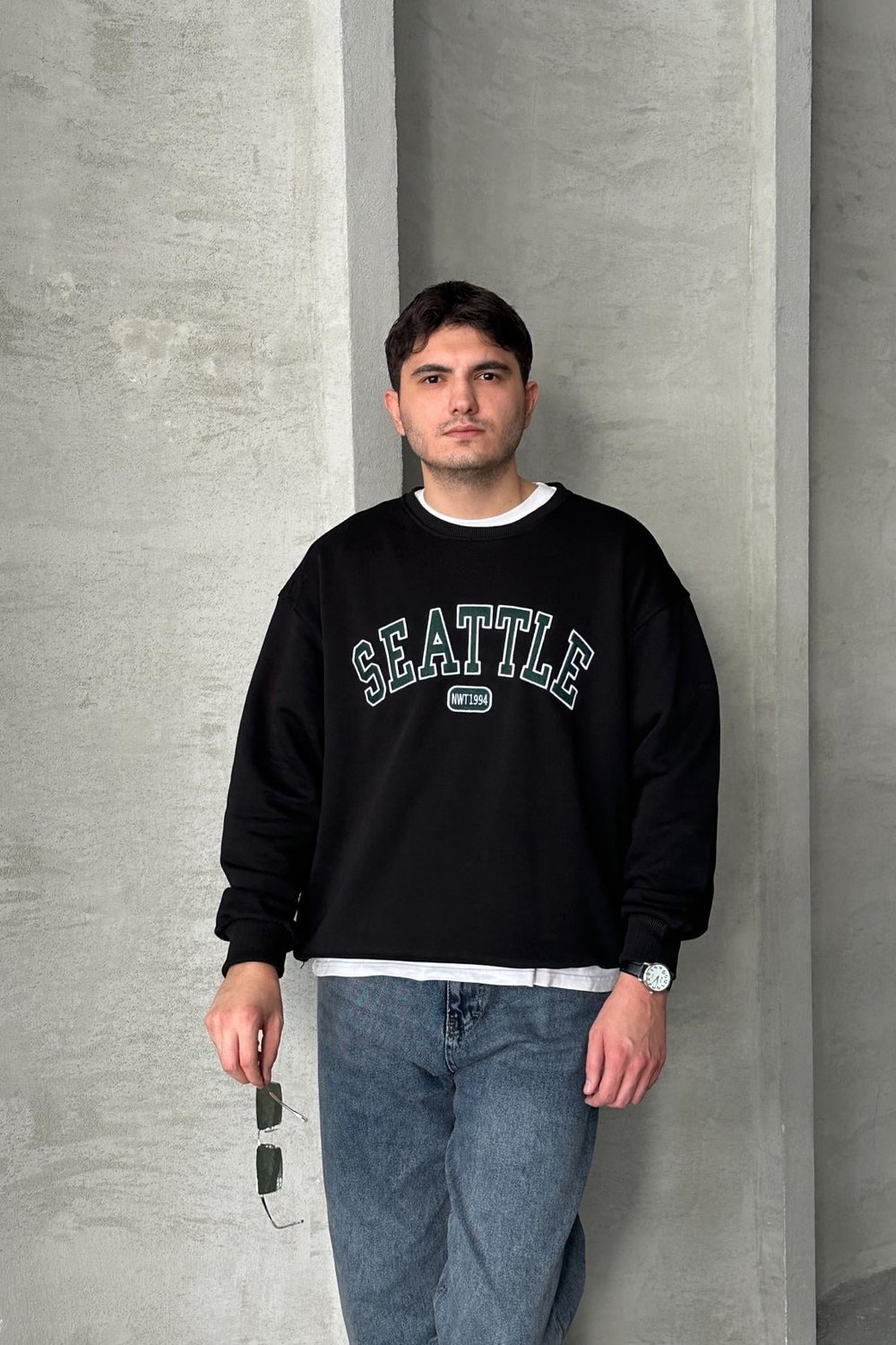 Erkek Seattle Baskılı Oversize Sweatshirt COKRENKLI