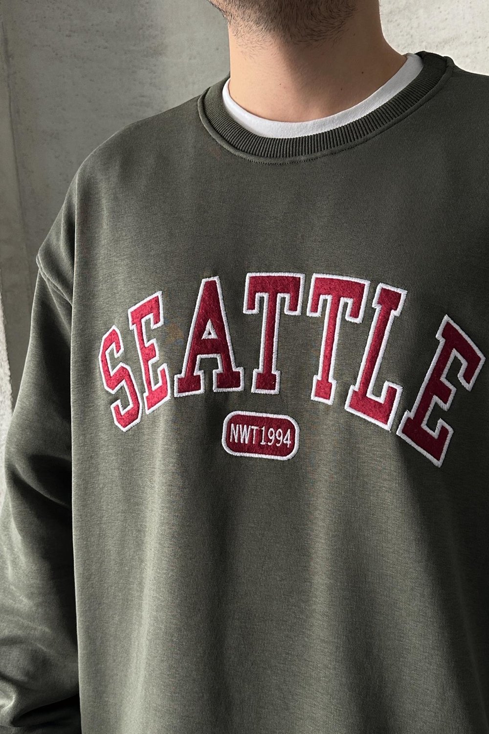 Erkek Seattle Baskılı Oversize Sweatshirt Haki