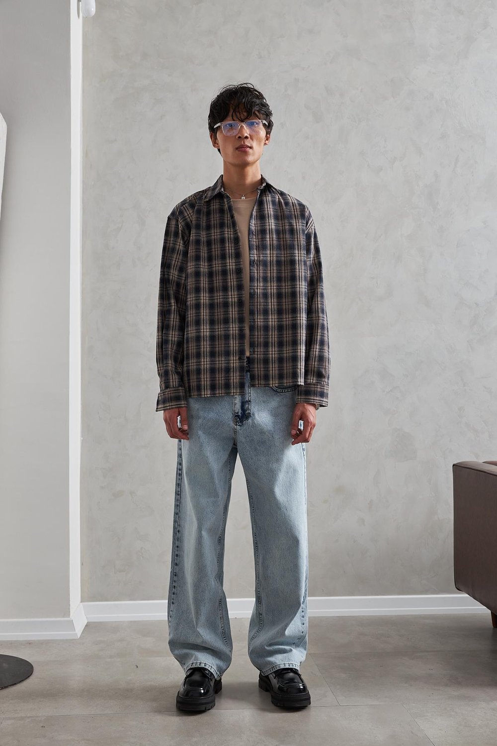 Erkek Oversize %100 Pamuk Ekose Gömlek Bej