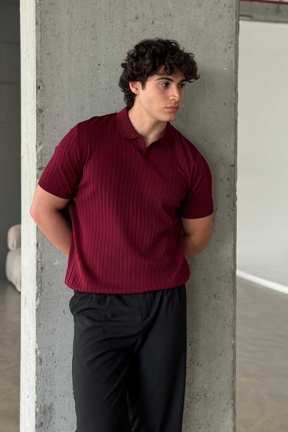 Erkek Oversize Fitilli Polo Yaka İnce Triko T-shirt Bordo