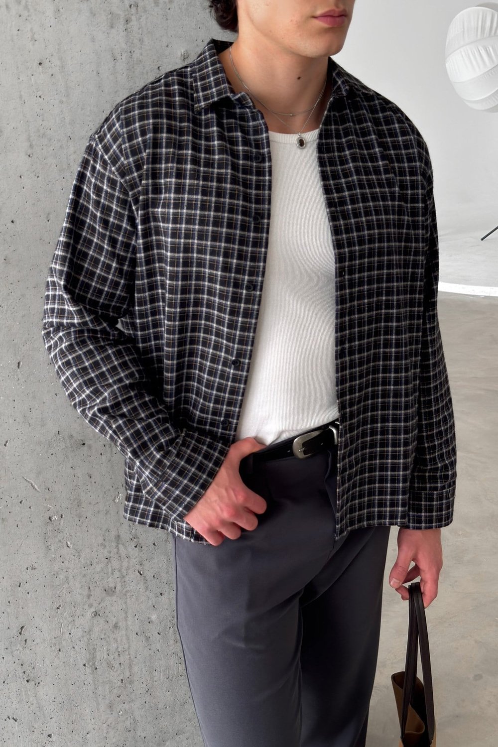 Erkek Oversize Kesim Kareli Gömlek Siyah
