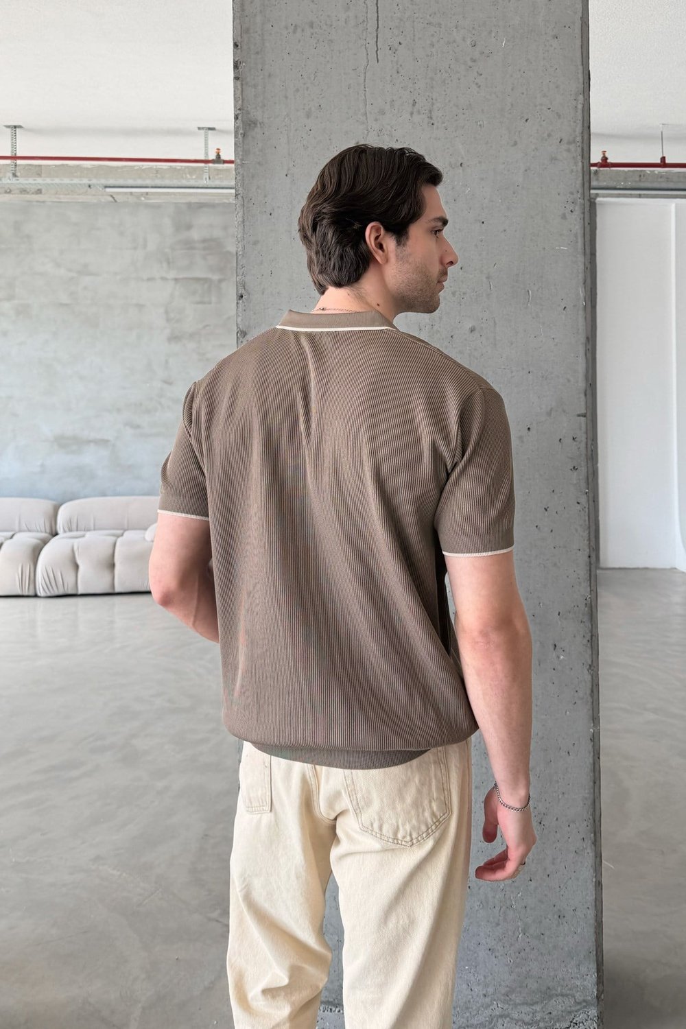 Erkek Oversize Selanik Polo Yaka Triko T-Shirt Açık Kahve