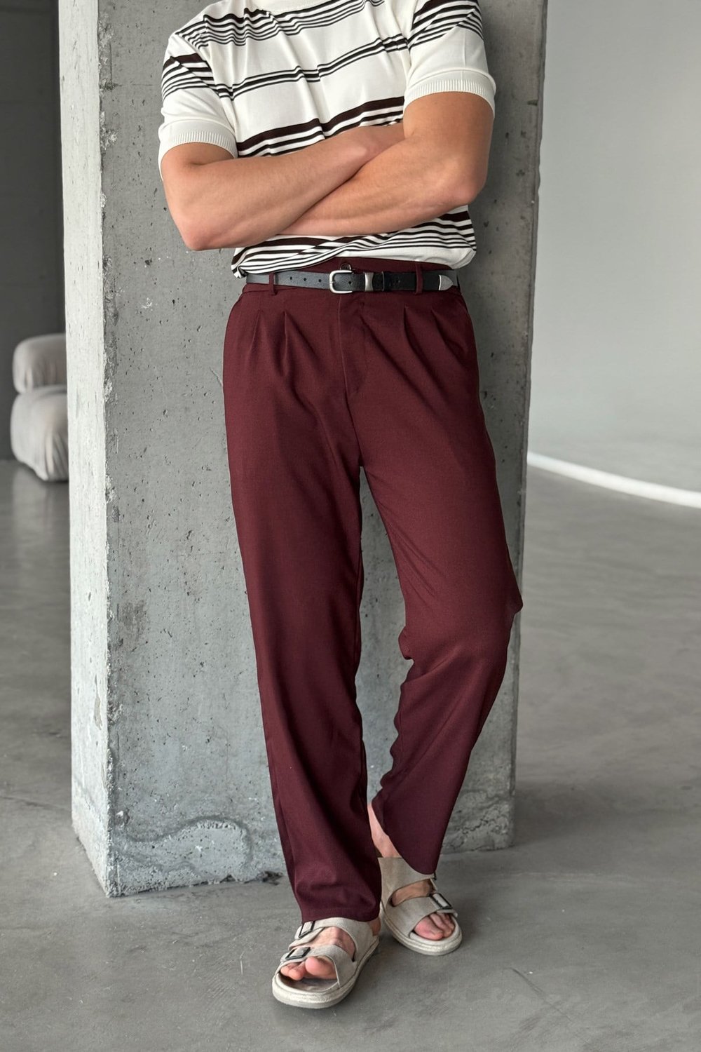 Erkek Pileli Baggy Kalıp Kumaş Pantolon Bordo