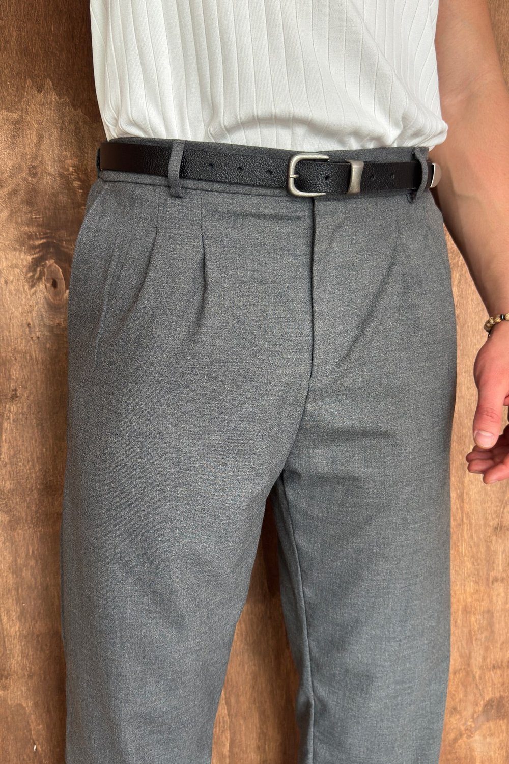 Erkek Pileli Baggy Kalıp Kumaş Pantolon Antrasit
