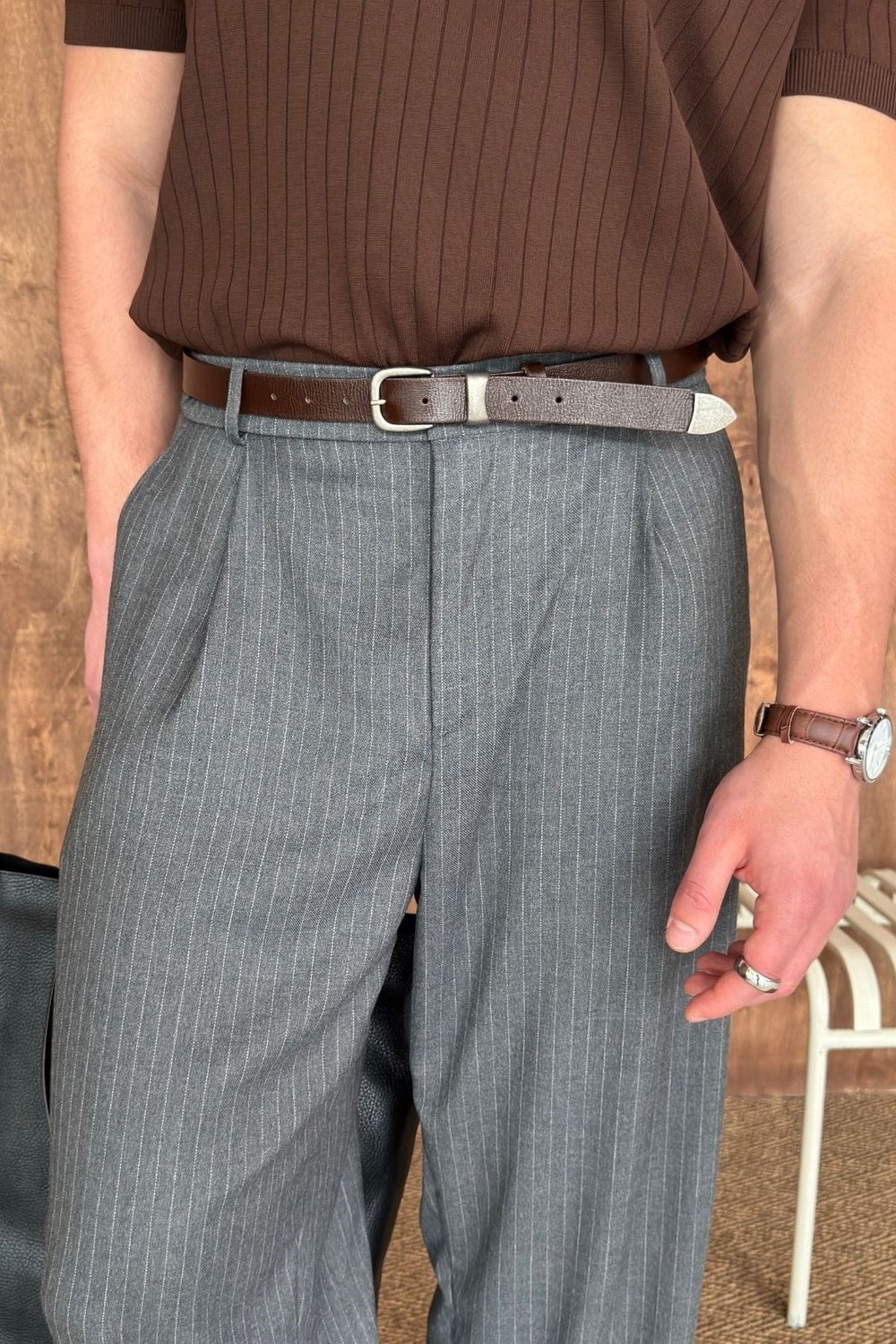 Erkek Vintage Ucu Metal Detaylı Deri Kemer Kahverengi