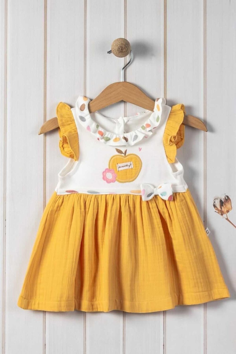 %100 Pamuk Bebe Yaka Elma Nakışlı Altı Müslin Yazlık Kız Bebek Elbise 3-6/6-9/9-12/12-18/18-24ay