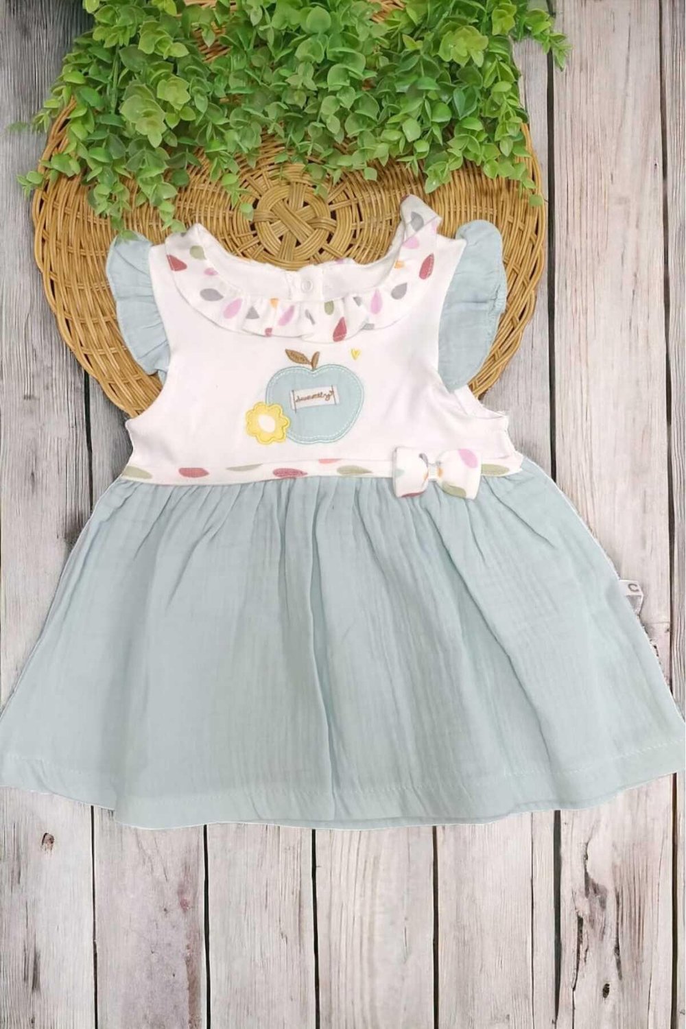 %100 Pamuk Bebe Yaka Elma Nakışlı Altı Müslin Yazlık Kız Bebek Elbise 3-6/6-9/9-12/12-18/18-24ay