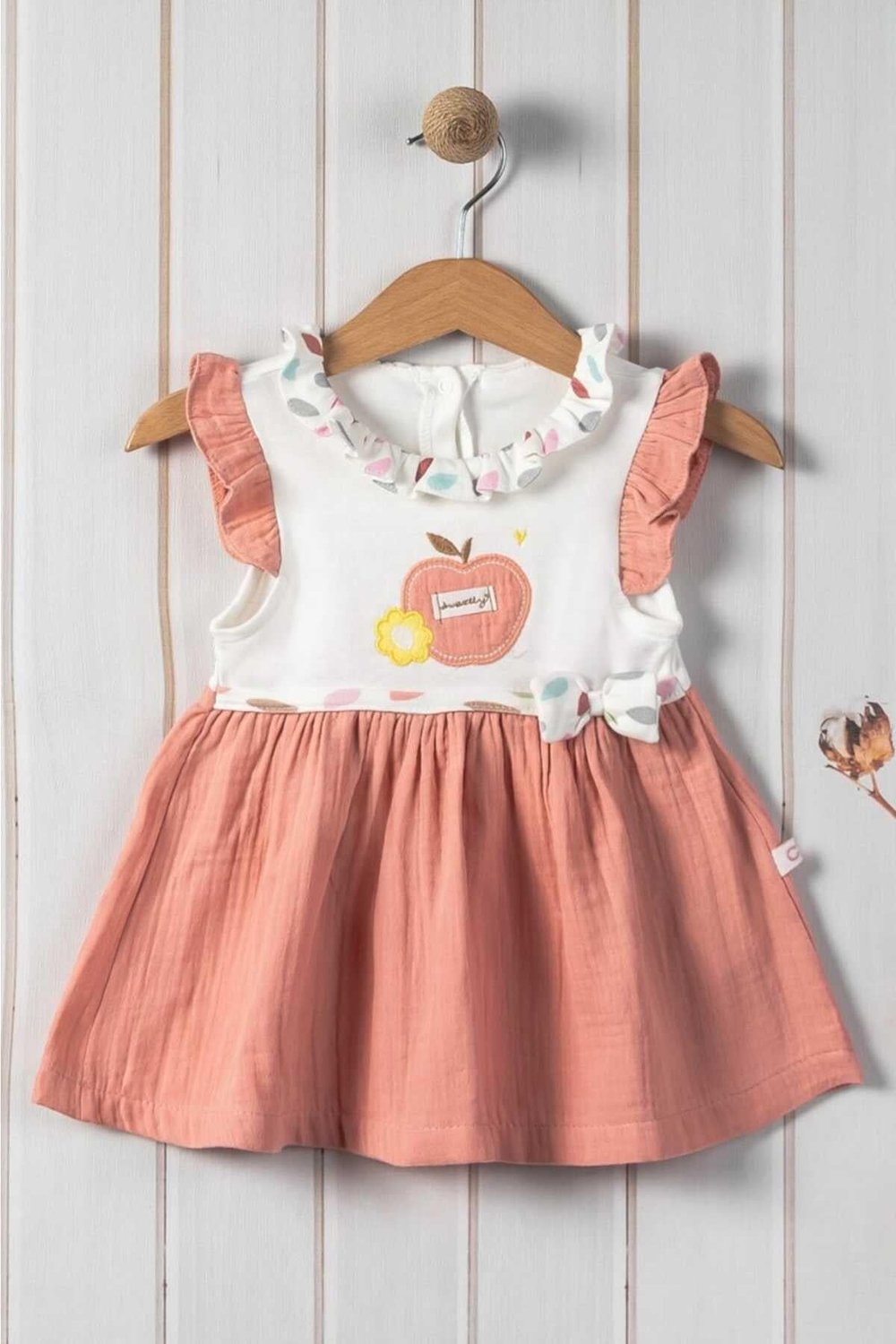 %100 Pamuk Bebe Yaka Elma Nakışlı Altı Müslin Yazlık Kız Bebek Elbise 3-6/6-9/9-12/12-18/18-24ay