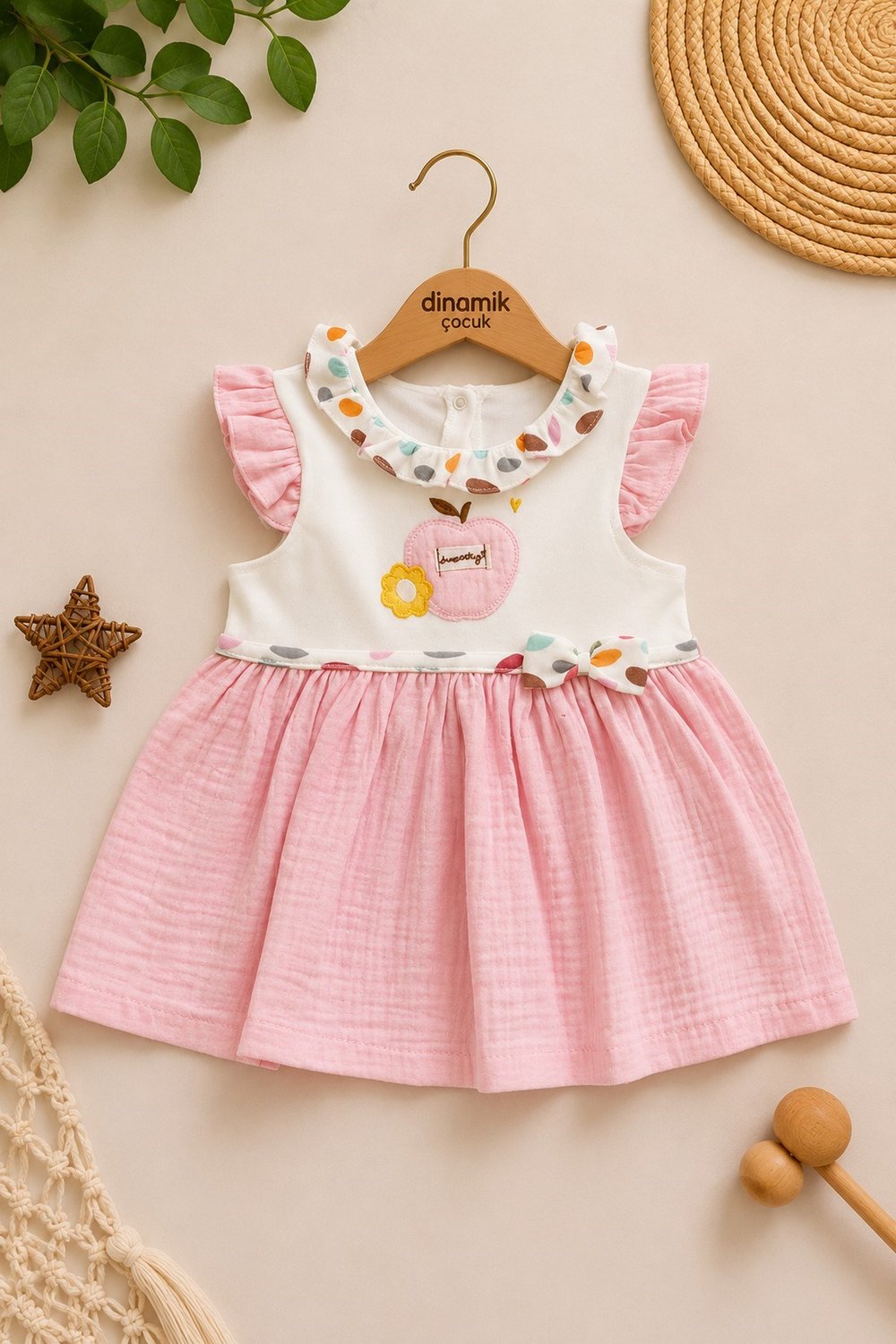 %100 Pamuk Bebe Yaka Elma Nakışlı Altı Müslin Yazlık Kız Bebek Elbise 3-6/6-9/9-12/12-18/18-24ay