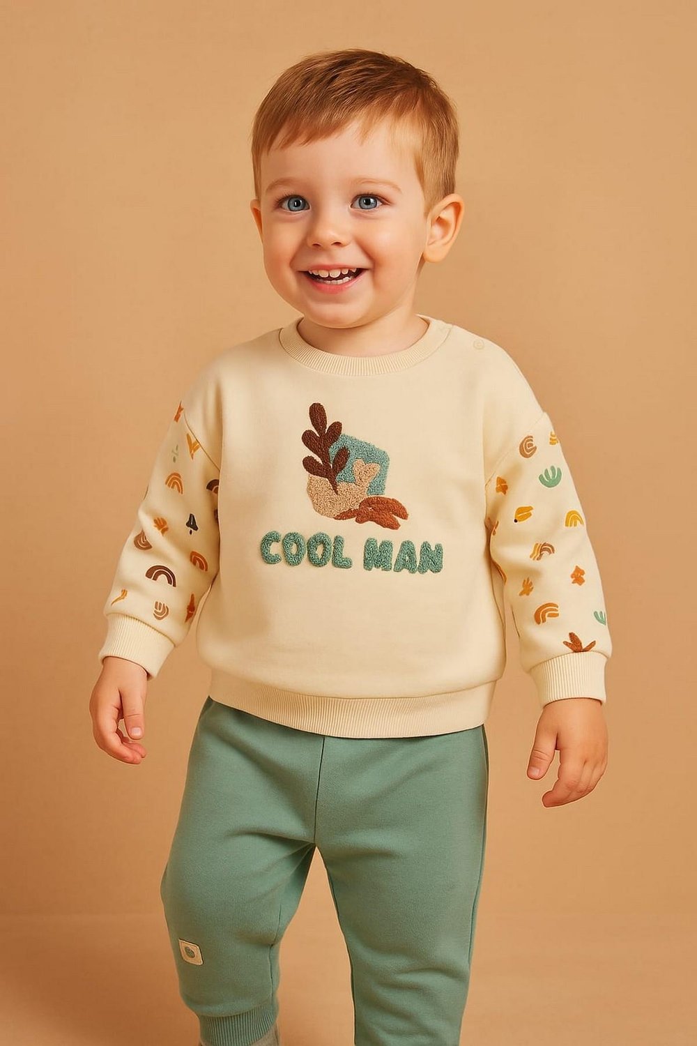 Erkek Bebek 2'li Mevsimlik Eşofman Takımı Cool Man Kabartma Nakışlı %100pamuk 6-9-12-18-24ay