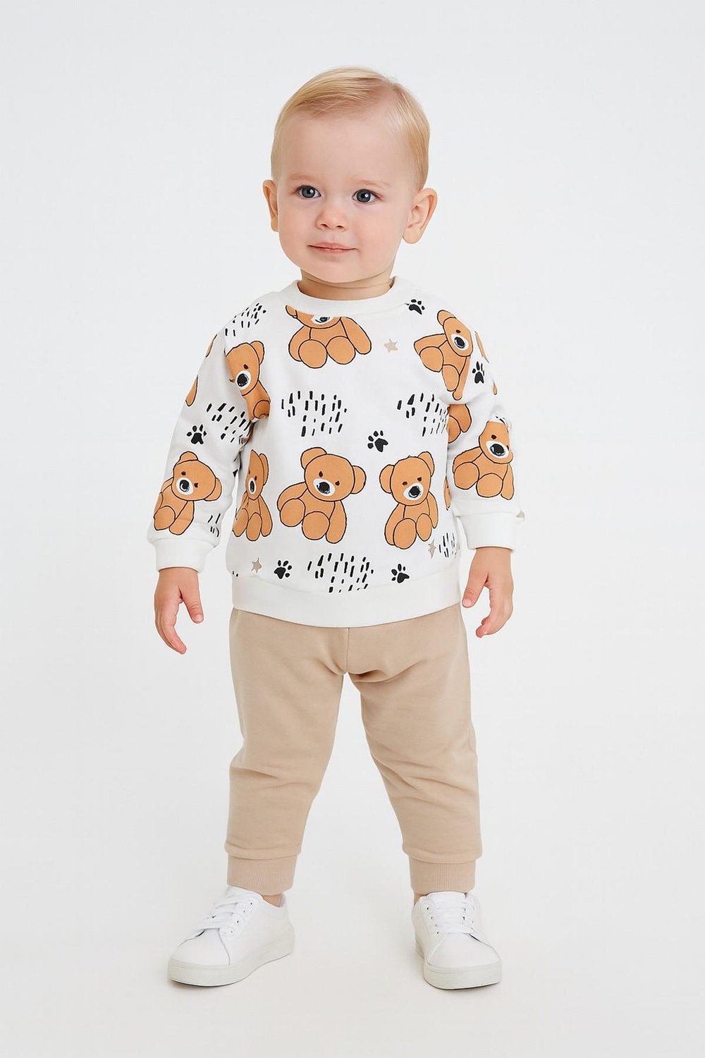 Erkek Bebek 2li Takım | Ayıcık Desenli Sweatshirt + Alt 3-6-9-12aylık