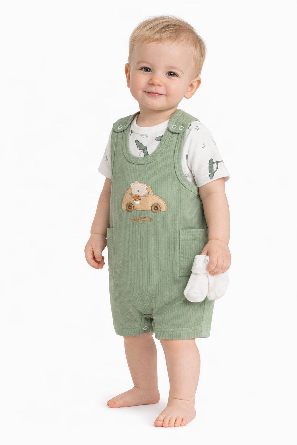 Erkek Bebek Araba Nakışlı Salopet Tulum Takım 3'lü Set (Alttan çıtçıtlı Badi + Tulum + Çorap) 3-6-9 Ay Pamuklu Ribana Yazlık
