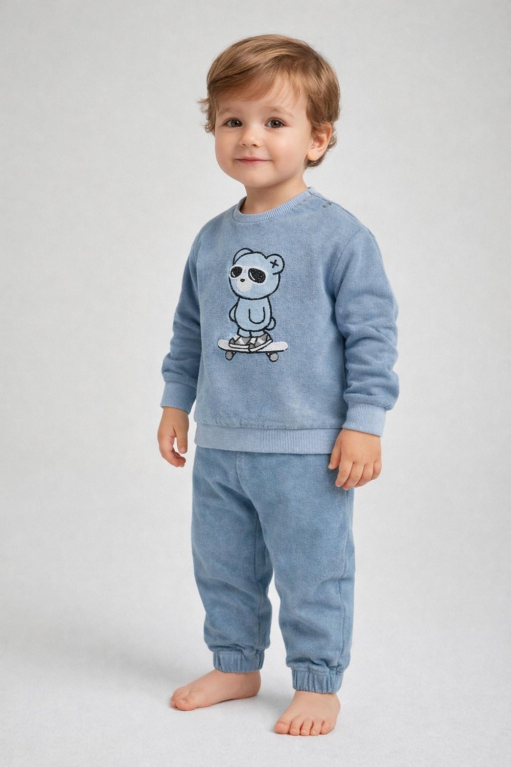 Erkek Bebek Esnek Kot 2li Alt Üst Takım Kaykaycı Ayıcık Baskılı Sweatshirt Eşofman Takımı 6-9-12-18-24aylık