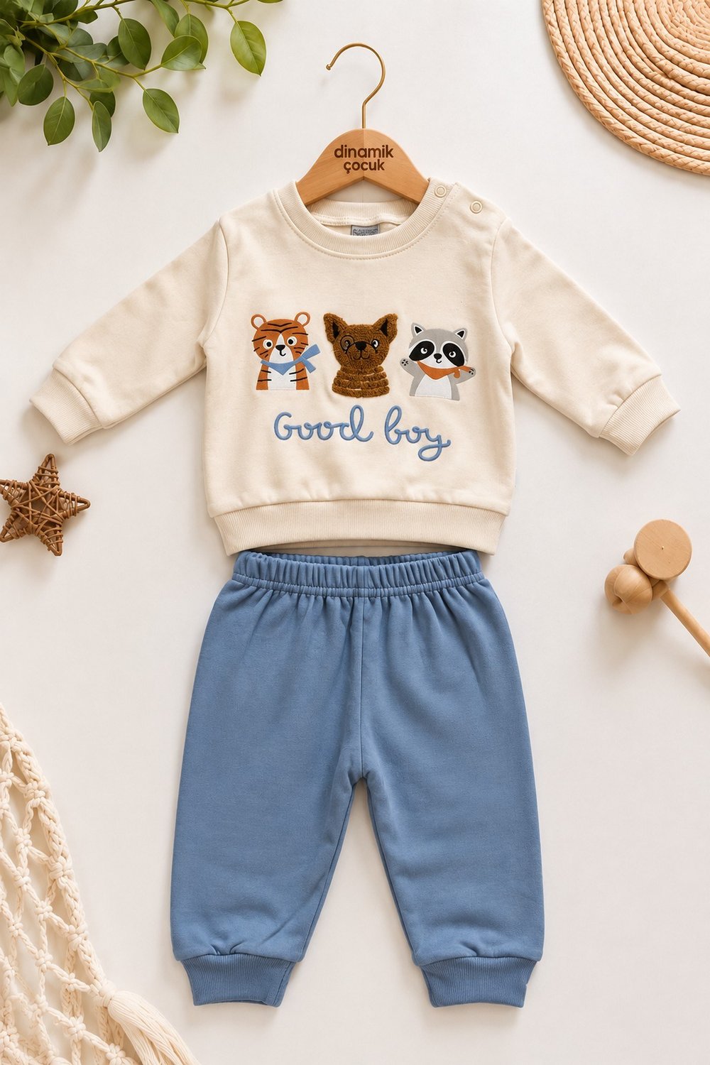 Erkek Bebek Hayvan Figürlü Good Boy Baskılı Kabartma Aplikeli Sweatshirt Eşofman 2'li Takım 3-12ay