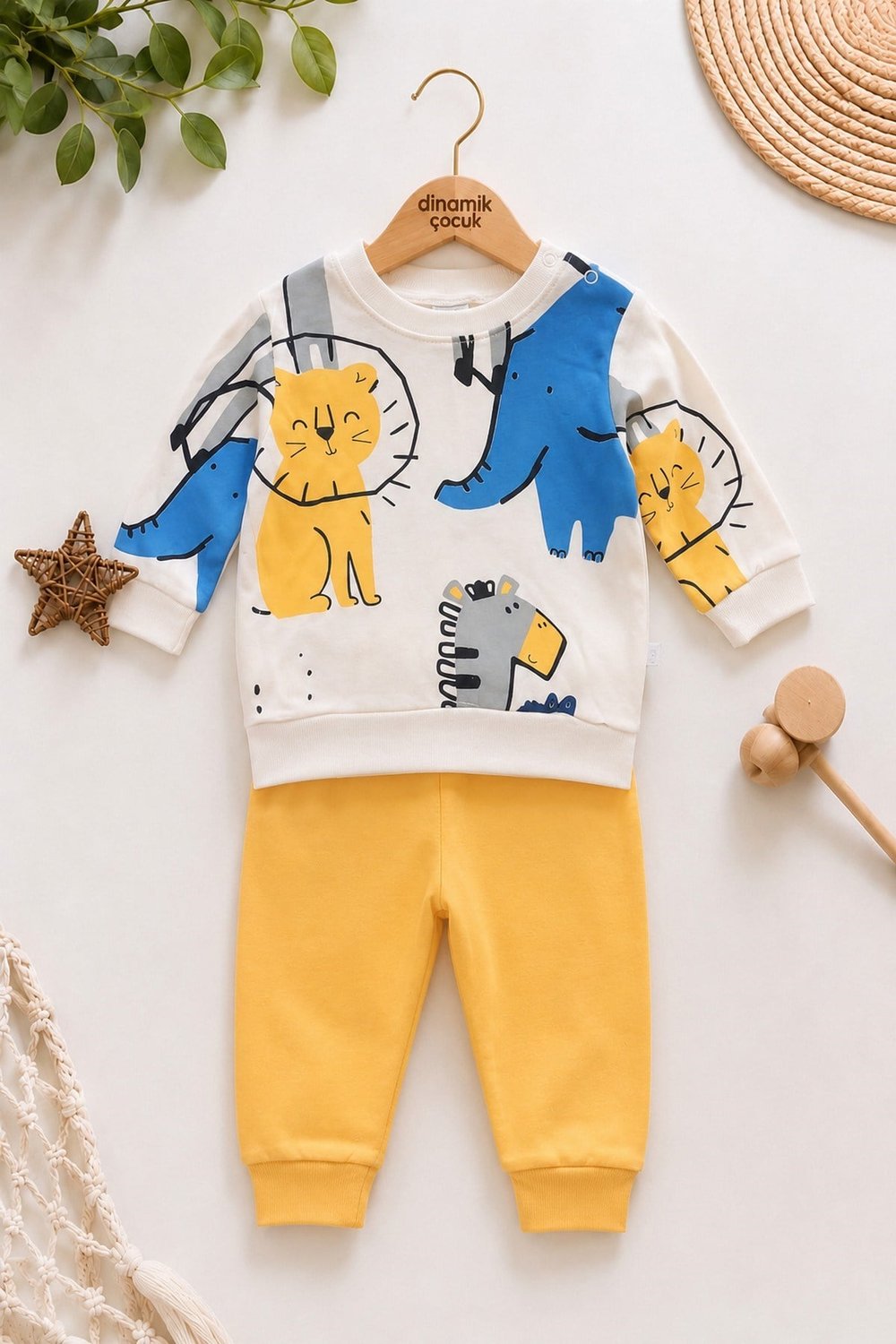 Erkek Bebek Mevsimlik 2'li Takım Aslan Desenli Uzun Kollu Sweatshirt Eşofman Altı Takımı 3-12 Aylık