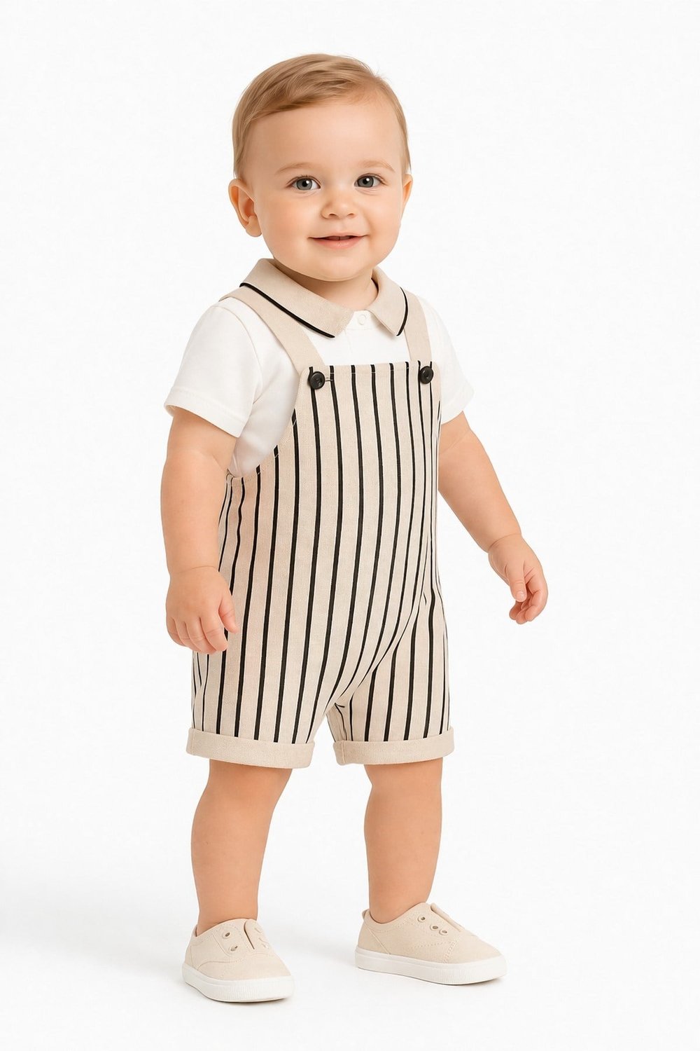 Erkek Bebek Polo Yaka T-Shirt & Çizgili Salopet Yazlık 2'li Takım – %100pamuk Şık Kombin (0-3-6-9-12 Ay)
