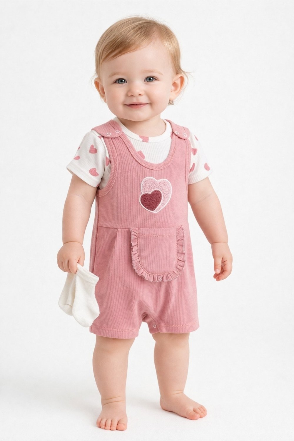 Kız Bebek 3'lü Set Kalpli Nakışlı Ribanalı Salopet Tulum + Kısa Kollu Çıtçıtlı Badi + Beyaz Çorap 3-6-9 Aylık