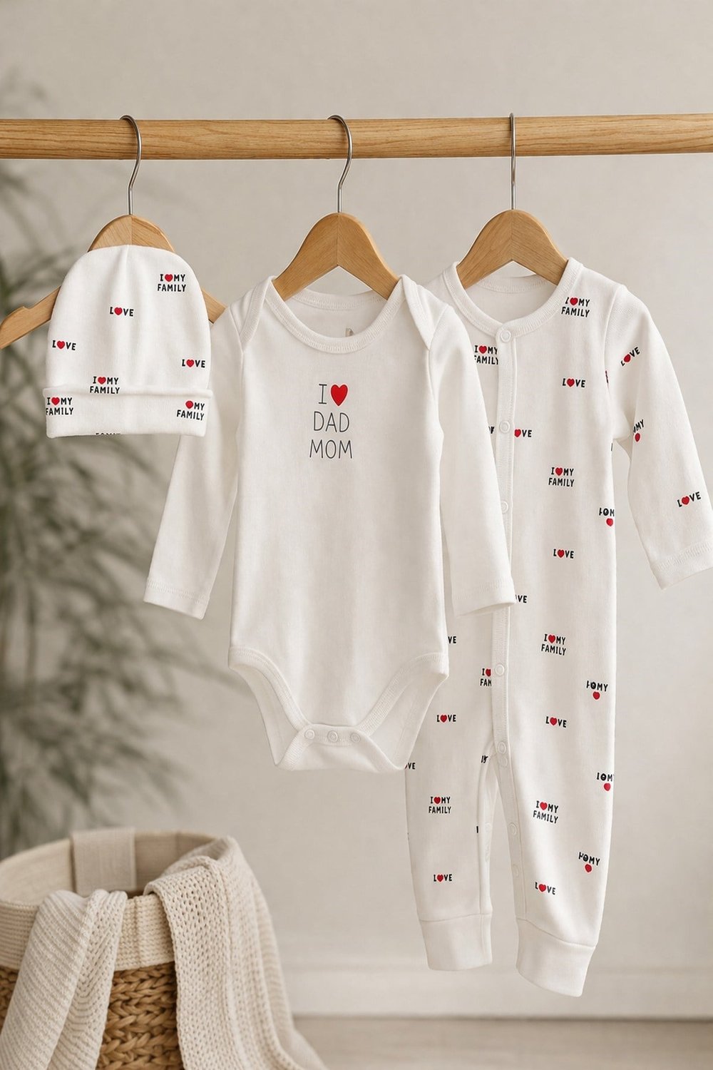 Kız Bebek 3'lü Takım I Love Mom Dad Baskılı Çıtçıtlı Body + Tulum + Şapka %100 Pamuk Yenidoğan 0-3/3-6 Aylık