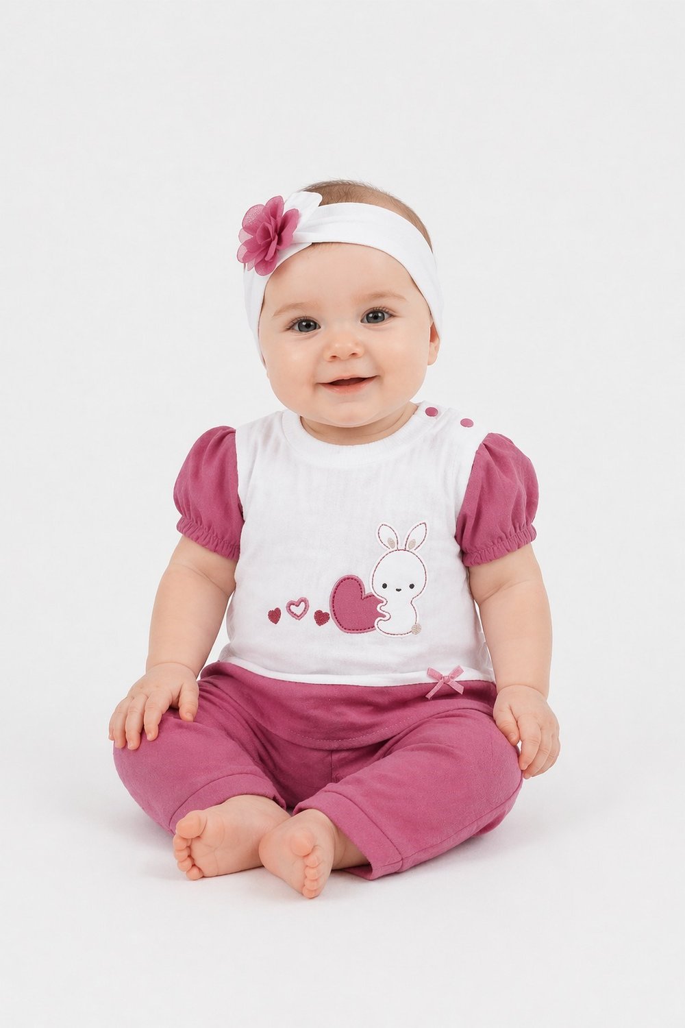Kız Bebek 3'lü Takım Kalp Tavşan Nakışlı Bandanalı Alt Üst Set Yazlık %100Pamuk 0-3-6-9ay