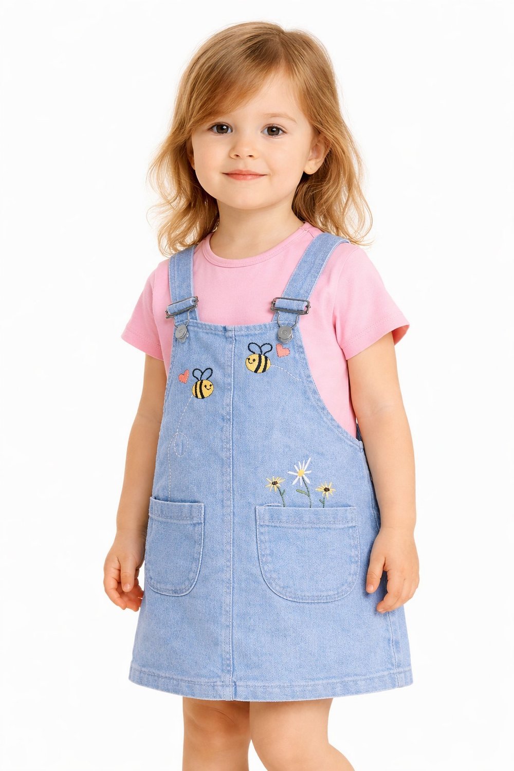 Kız Bebek Arı Nakışlı Kot Görünümlü Jile Elbise + Basic Pamuk T-Shirt 2'li Takım 6-9-12-18-24 Aylık