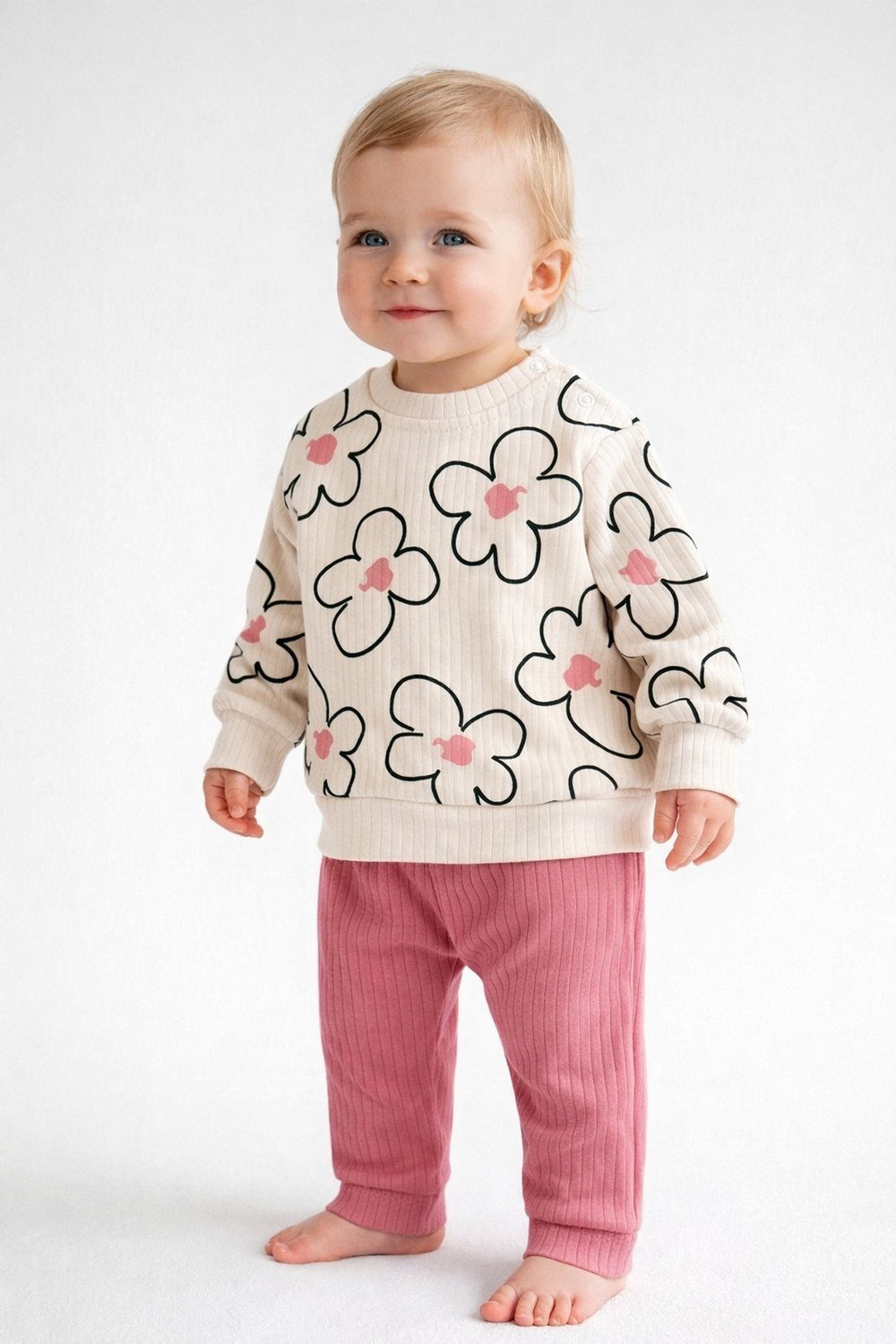 Kız Bebek Büyük Çiçek Desenli 2’li Takım Sweatshirt ve Fitilli Tayt- 3-6-9-12ay