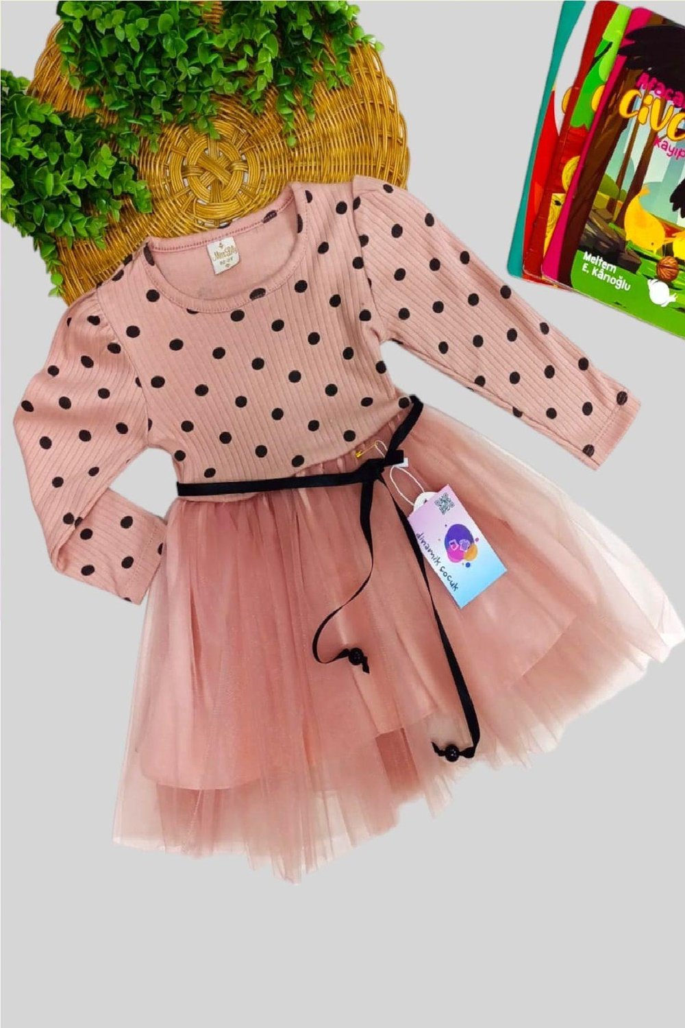Kız Bebek Çocuk Puantiyeli Prenses Kabarık Tütü Elbise Uzun Kol Esnek Likralı