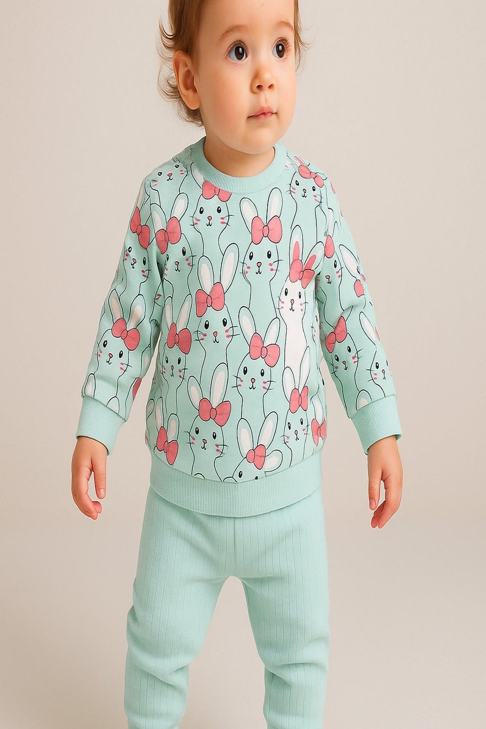 Kız Bebek İkili Takım Tavşan Rapor Baskılı Ribanalı Sweatshirt ve Alt-Mevsimlik 3-6-9-12ay