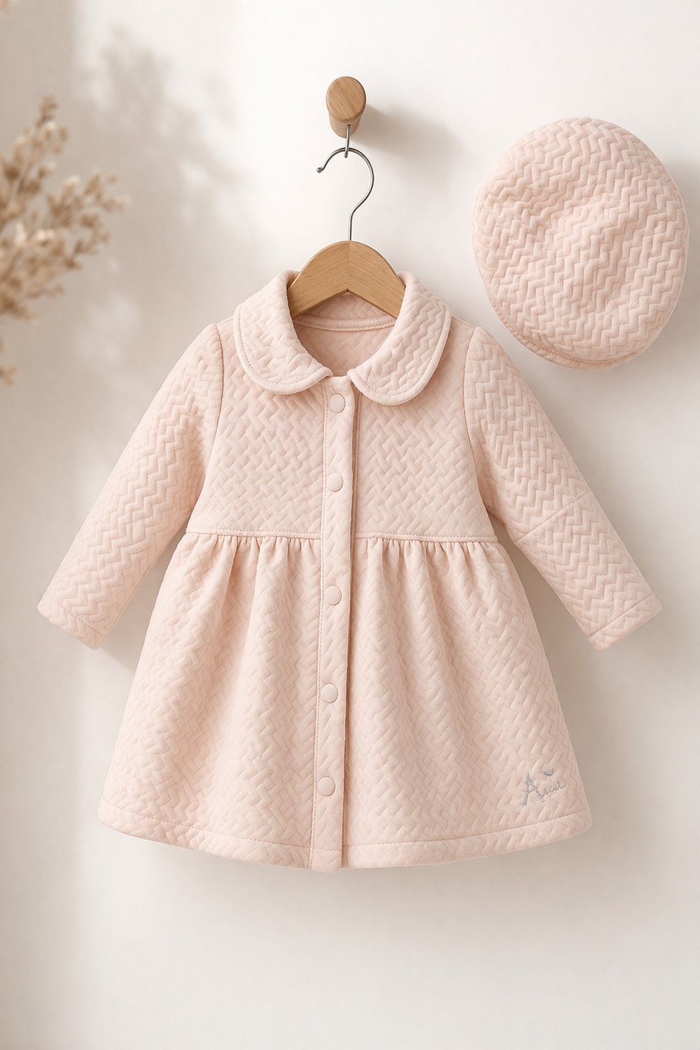 Kız Bebek Kapitone Trenç Elbise & Paris Şapka 2'li Takım – 6-12-18 Ay, Premium Zigzag Desen, Mevsimlik