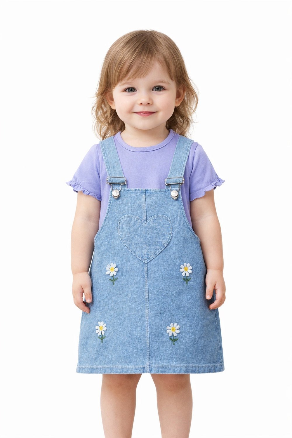 Kız Bebek Kot Görünümlü Esnek Jile 2li Takım Yazlık Elbise Kalp Nakışlı Papatyalı Salopet + Basic Tişört 6-9-12-18-24 Aylık