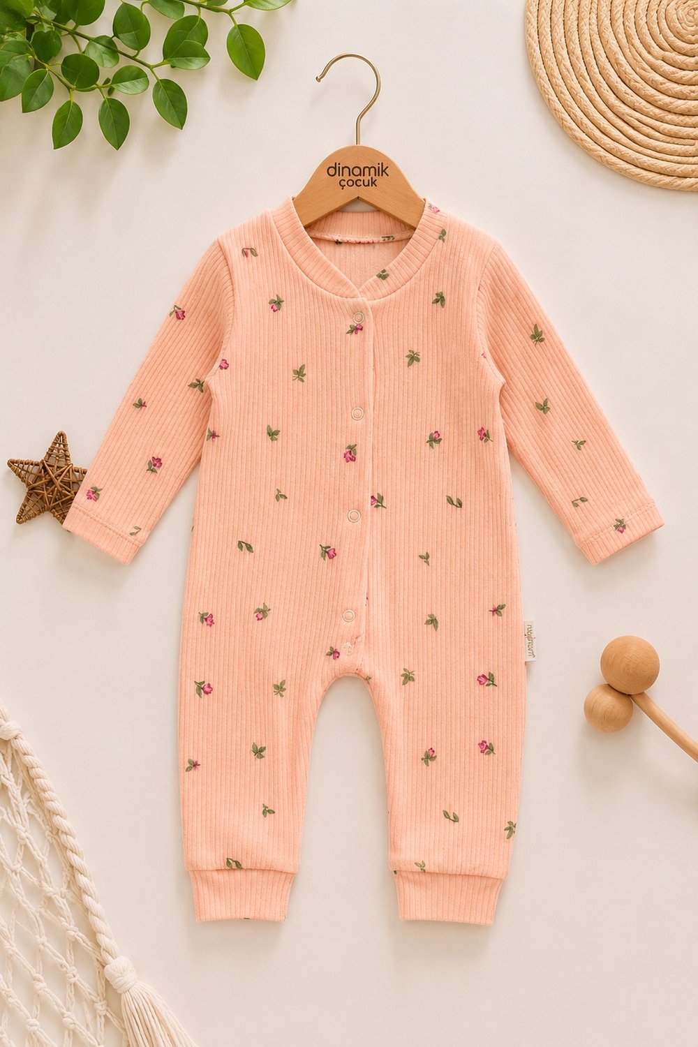 Kız Bebek Lale Baskılı Çıtçıtlı Yenidoğan Bebek Tulumu %100 Pamuk Esnek 1-3-6 Aylık