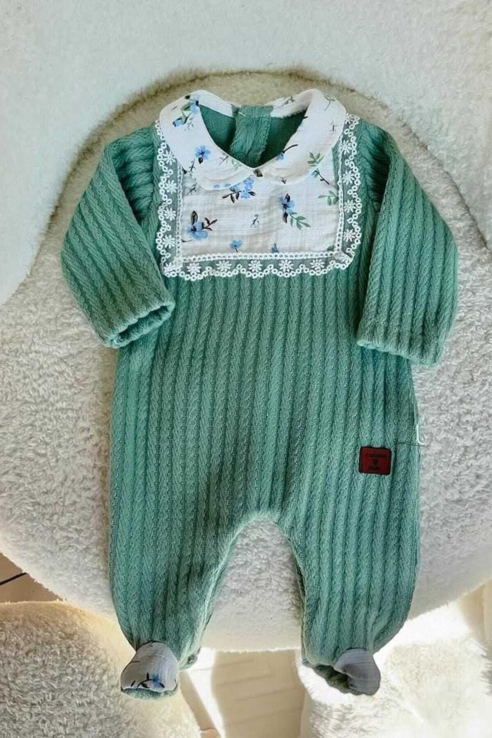 Kız Bebek Patikli Desenli Triko Tulum Alttan Çıtçıtlı Çiçek Müslin Önlü Nakışlı Yenidoğan 0-12aylık