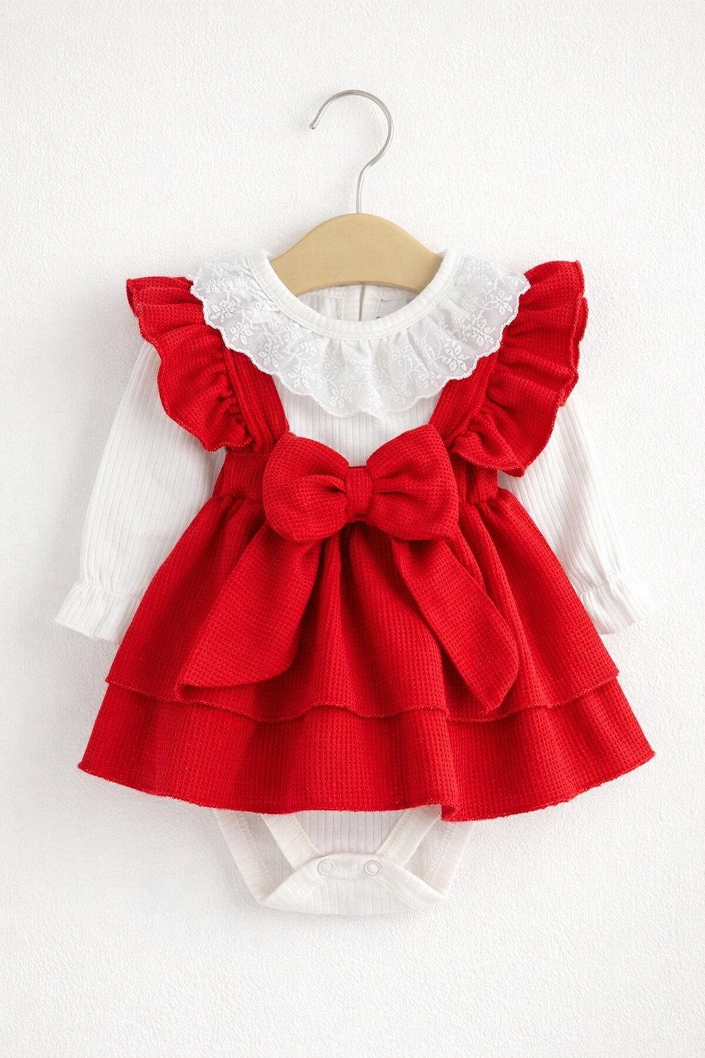 Kız Bebek Waffle Kumaş Fiyonklu Elbise & Dantelli Badi 2'li Takım 0-3-6-9-12Ay Bayramlık Şık Elbise