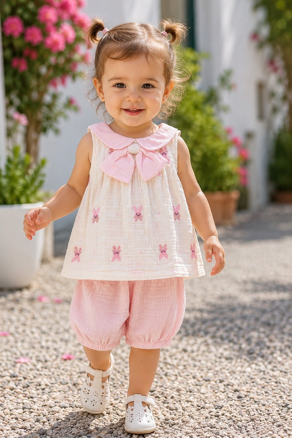 Kız Bebek Yazlık Müslin Takım Fiyonklu Tavşan Desenli Bebe Yaka Kolsuz 2li Alt Üst 3-6-9-12-18-24ay