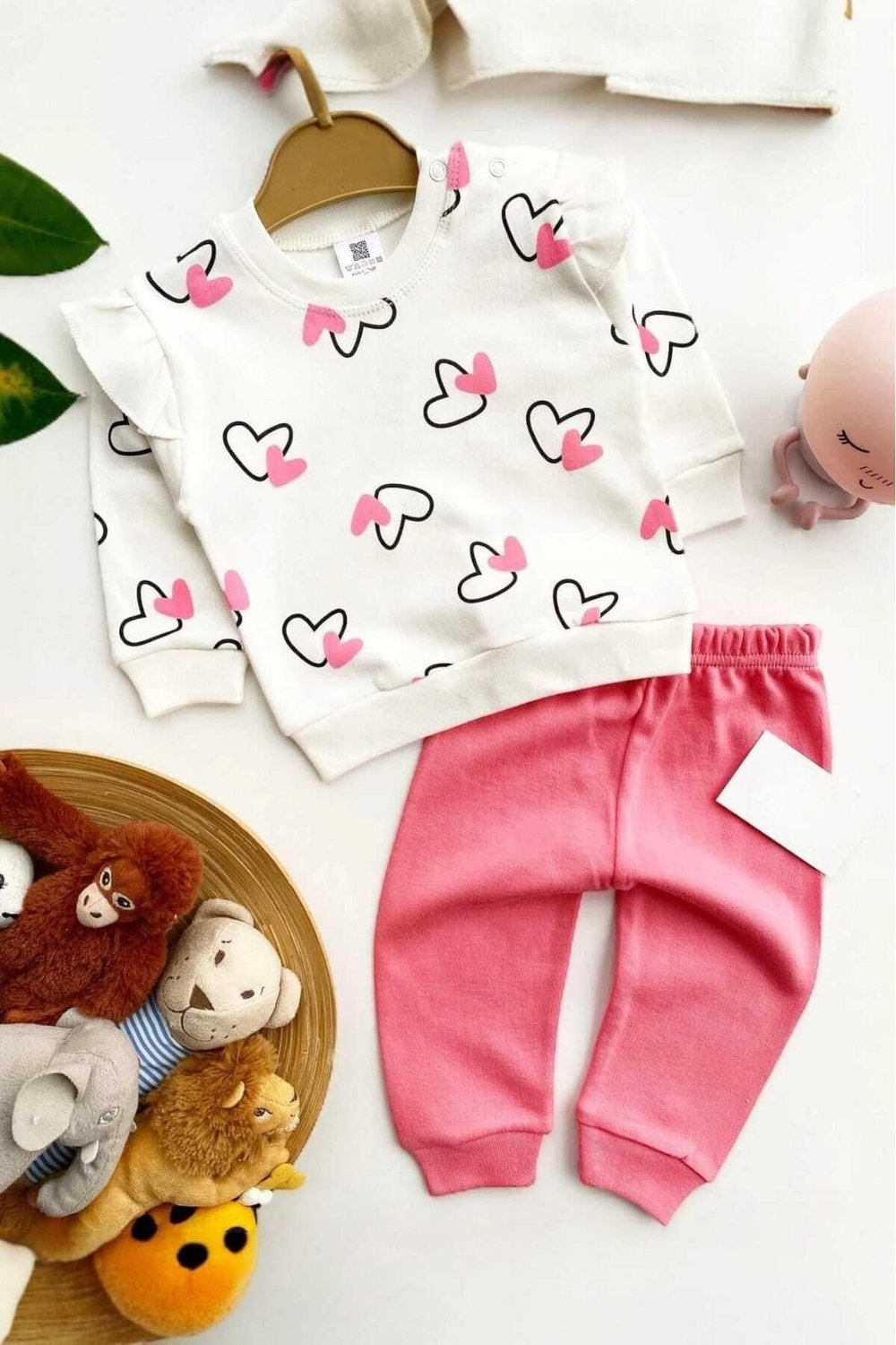 Kız Bebek/Çocuk Kalpli Omuzdan Çıtçıtlı Bebek Takımı 2li Alt Üst Mevsimlik Aylık 3-6-9-12ay