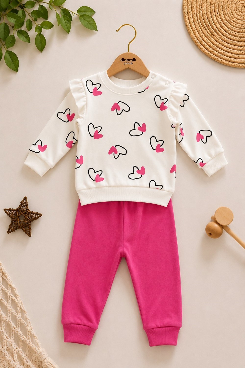 Kız Bebek/Çocuk Kalpli Omuzdan Çıtçıtlı Bebek Takımı 2li Alt Üst Mevsimlik Aylık 3-6-9-12ay