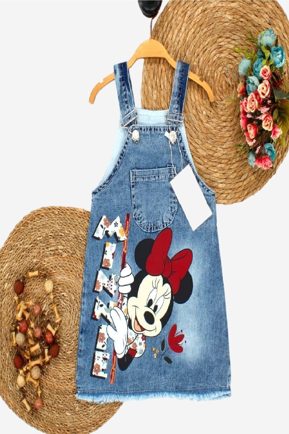 Kız Çocuk Kot Jile Salopet Minnie Mouse Baskılı Denim Elbise