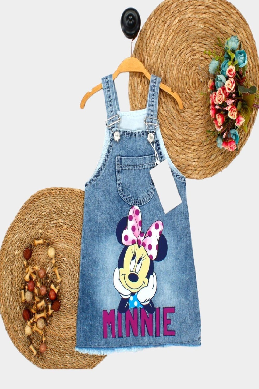Kız Çocuk Kot Jile Salopet Minnie Mouse Baskılı Denim Elbise