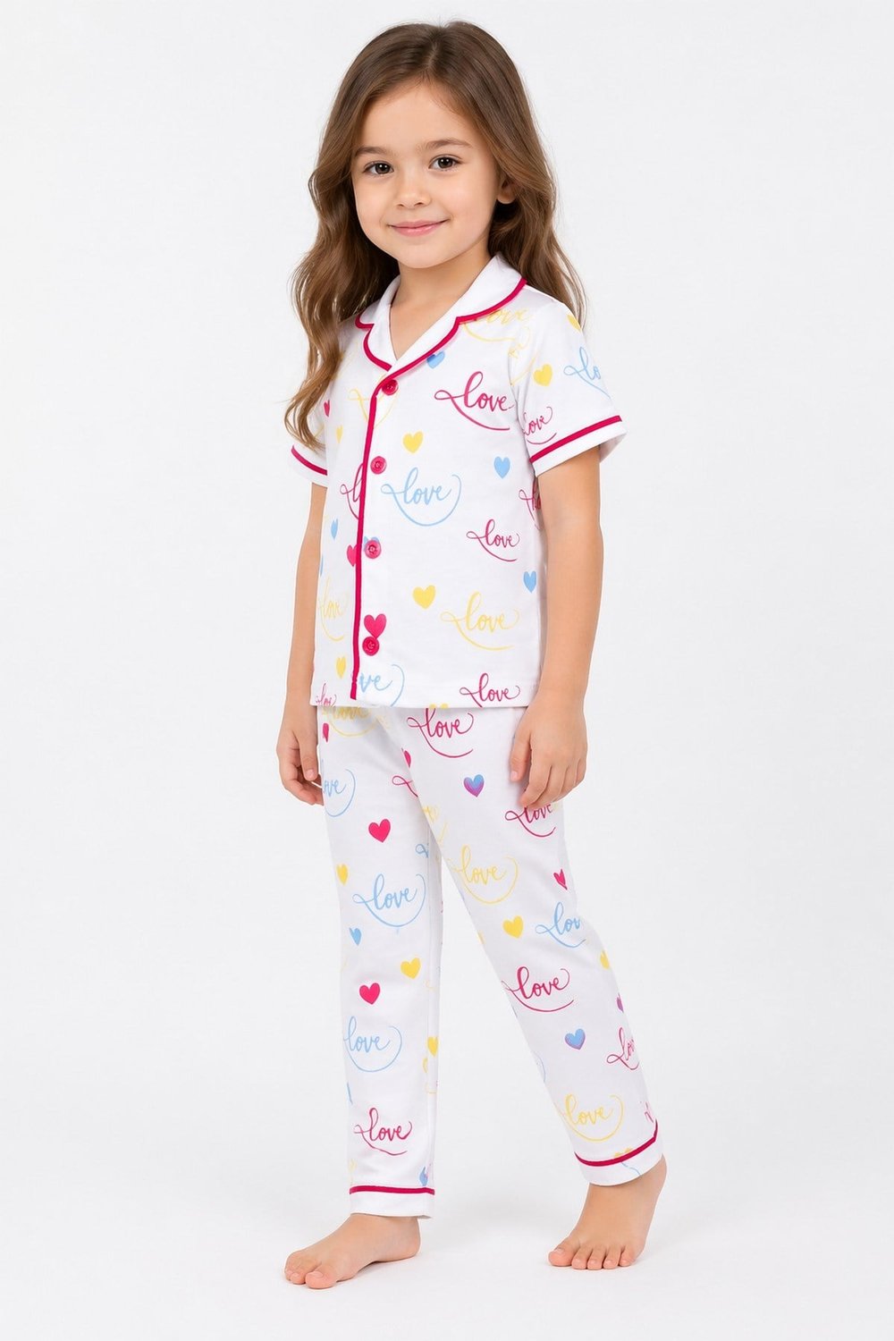 Kız Çocuk/Bebek Love Desenli Kısa Kollu Pijama Takımı Yazlık %100Pamuk 2'li Alt Üst Takım 6-24aylık 3-6yaş