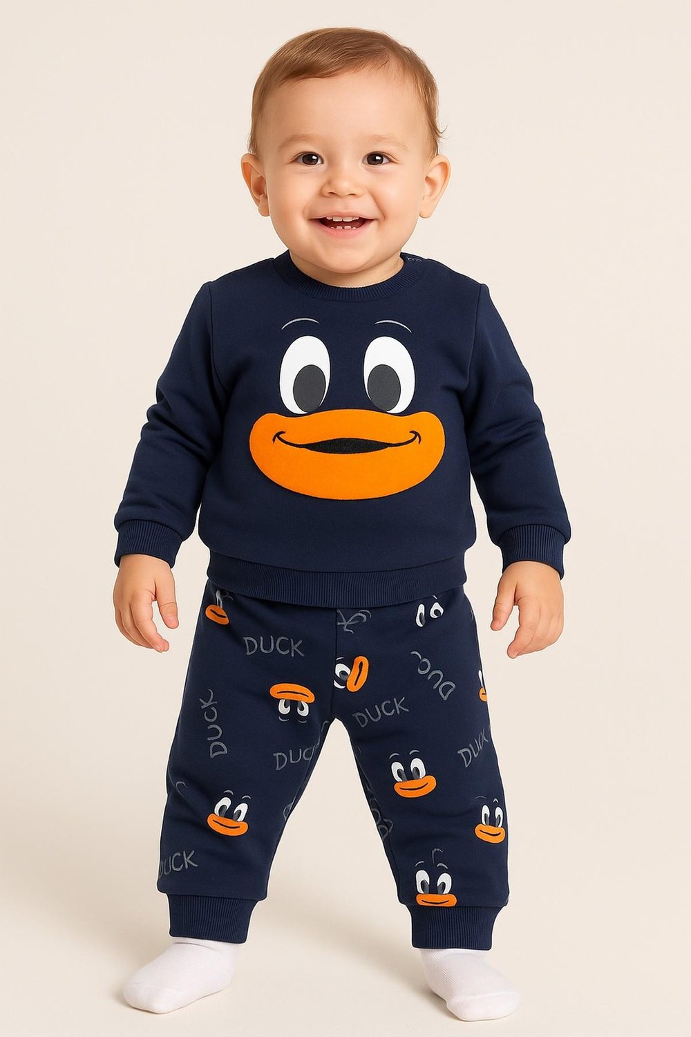 Kız/Erkek Bebek Unısex Duck Ördek Desenli 2li Takım Sweatshirt ve Alt 6-9-12-18ay
