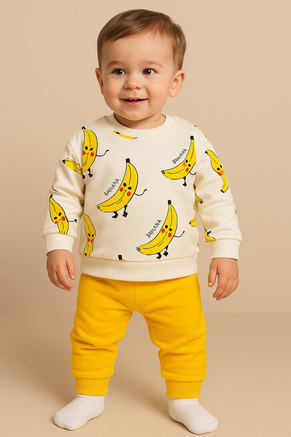 Muz Banana Baskılı Bebek Takımı Mevsimlik 2li Alt Üst Unısex Aylık 3-6-9-12ay
