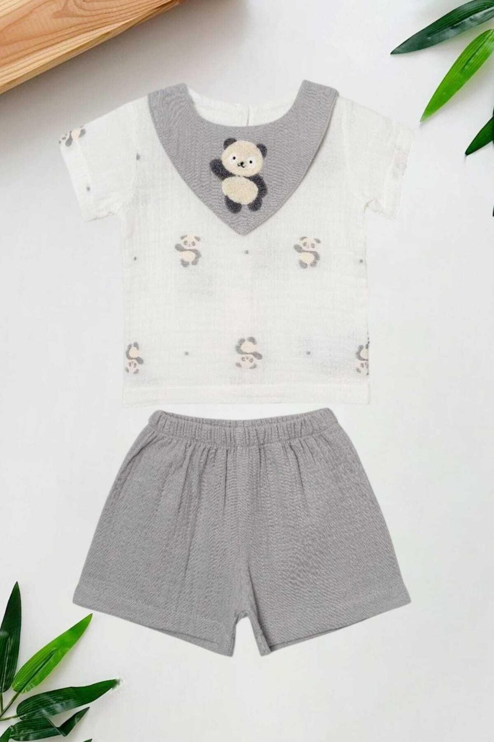 Panda Yaka Nakışlı Raporlu Müslin 2li Takım Unisex Kız Erkek Bebek Yazlık Alt Üst Aylık