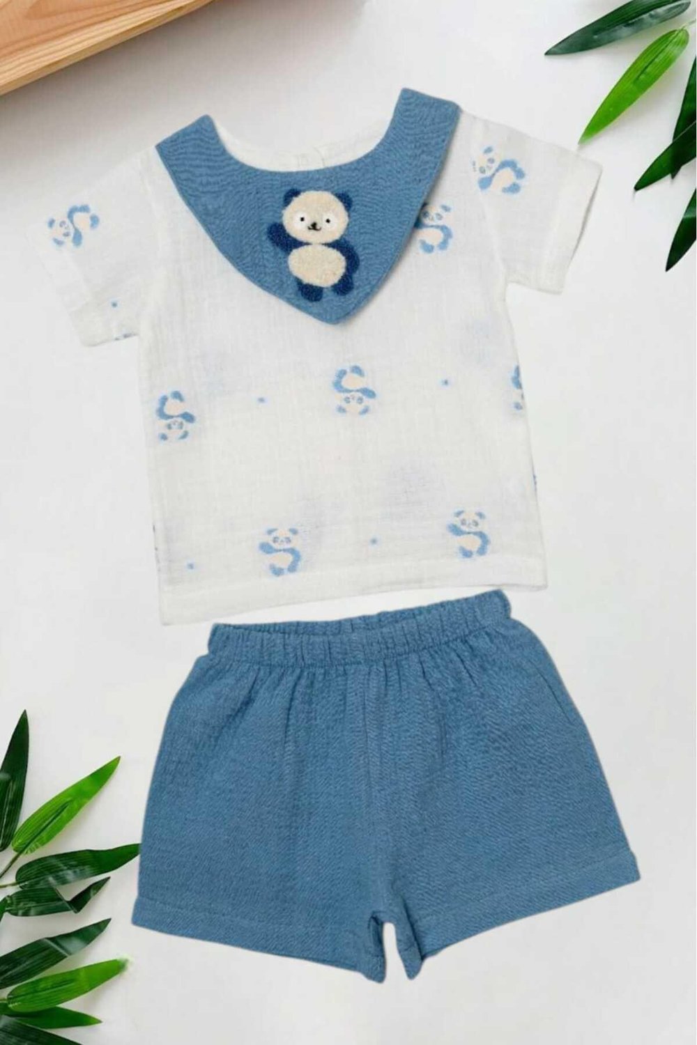Panda Yaka Nakışlı Raporlu Müslin 2li Takım Unisex Kız Erkek Bebek Yazlık Alt Üst Aylık
