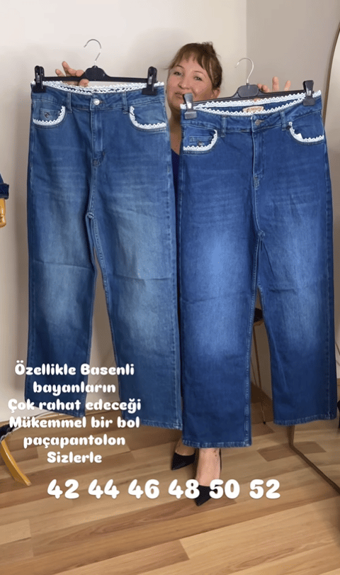 Büyük Beden Dantel Detaylı Bol Paça Kot Pantolon