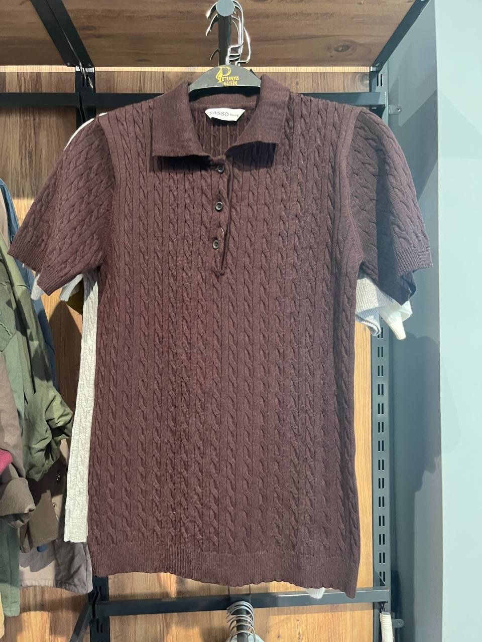 Polo Yaka Saç Örgü Kısa Kollu Triko Bluz