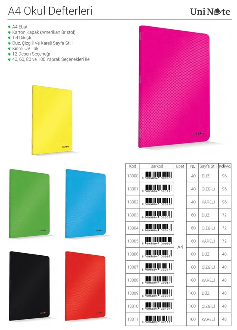 Çınar Karton Kapak A4 100 Yaprak Çizgisiz Defter 12'li Paket